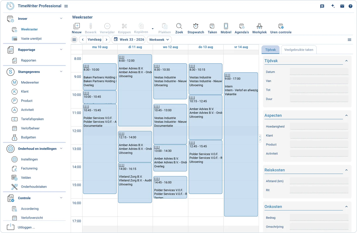 time tracking, time registration, weekly grid, calendar integration, hour bookings, time reports, project hours, employee hours