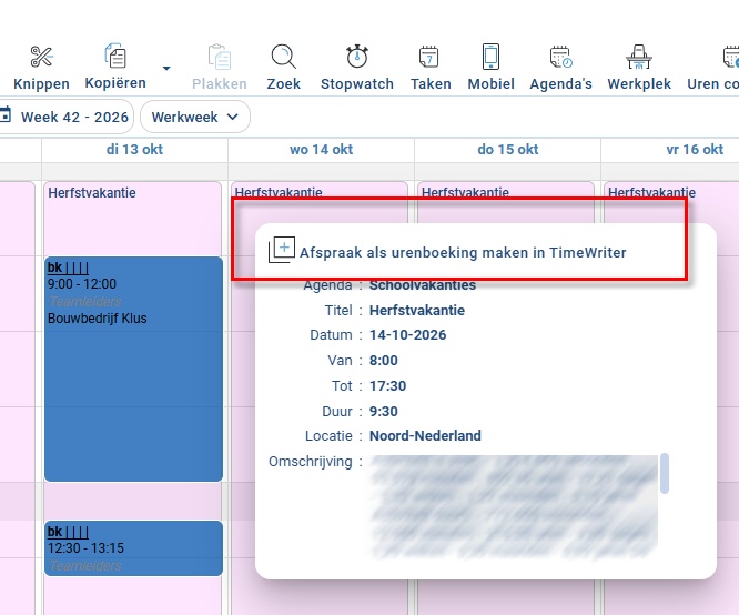 time tracking, time registration, weekly grid, calendar integration, hour bookings, time reports, project hours, employee hours