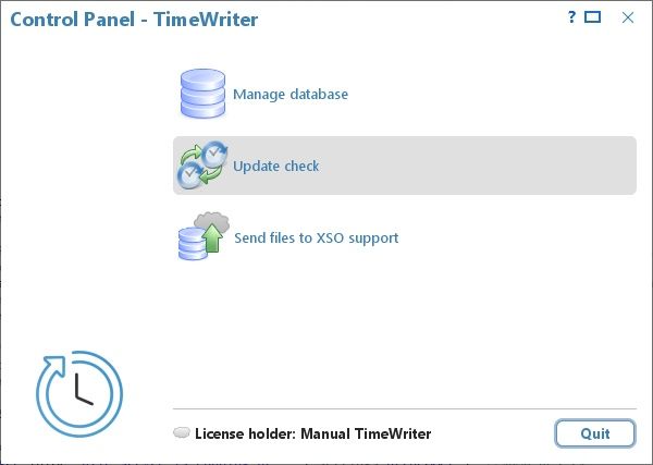 The TimeWriter Freeware Control Panel with Manage database, Update check and Send files to XSO support