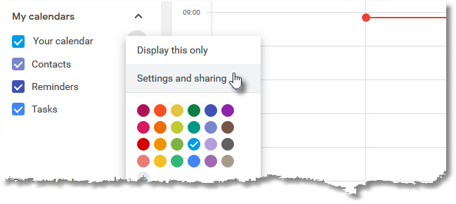 Google Calendar: the menu option Settings and sharing