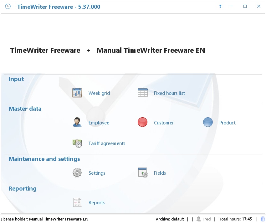 The TimeWriter Freeware Module explorer with Input, Master data, Maintenance and settings, and Reporting