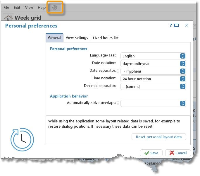 The Personal settings window