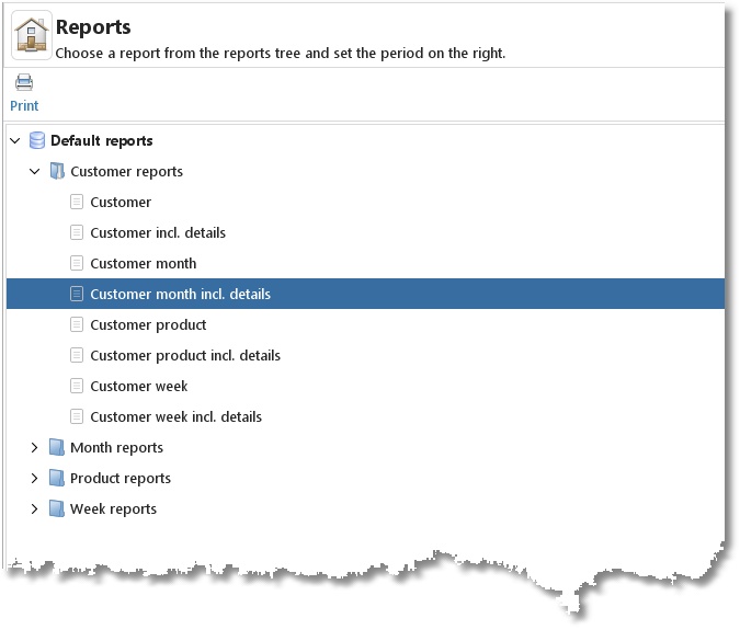 The Reports module with report groups and standard reports