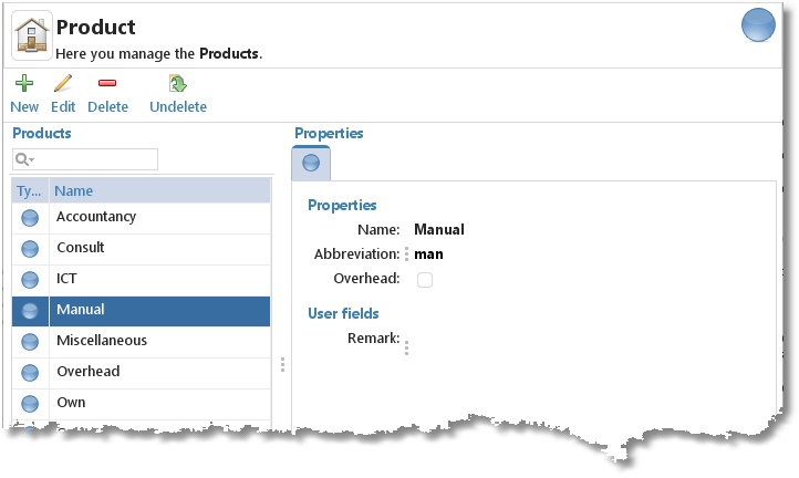 Master data Product: the list of products and the properties of the selected product