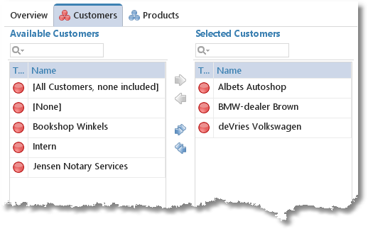 Customer tab of tariff agreement Garages with available and linked customers