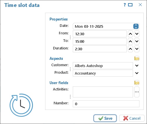 The Time slot details window with date, times, customer, product, activities and quantity
