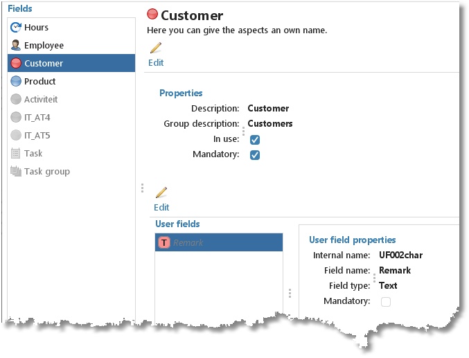 Settings of the aspect Customer under Fields
