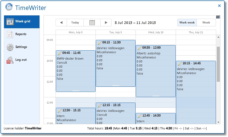The week grid in the web client