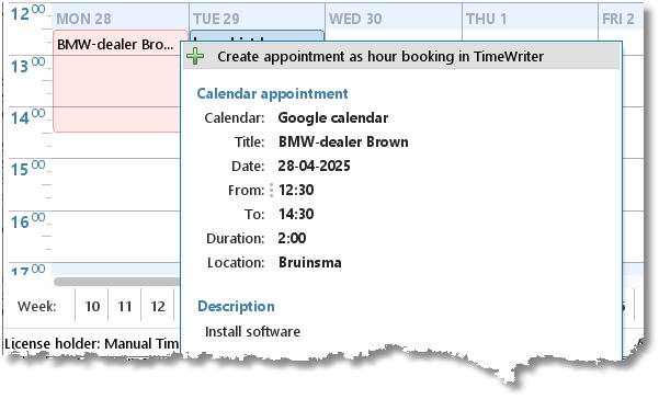 Taking over a calendar appointment in the week grid with the right mouse button