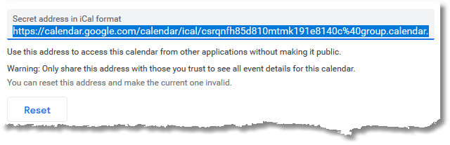 Google Calendar: the secret address in iCal format