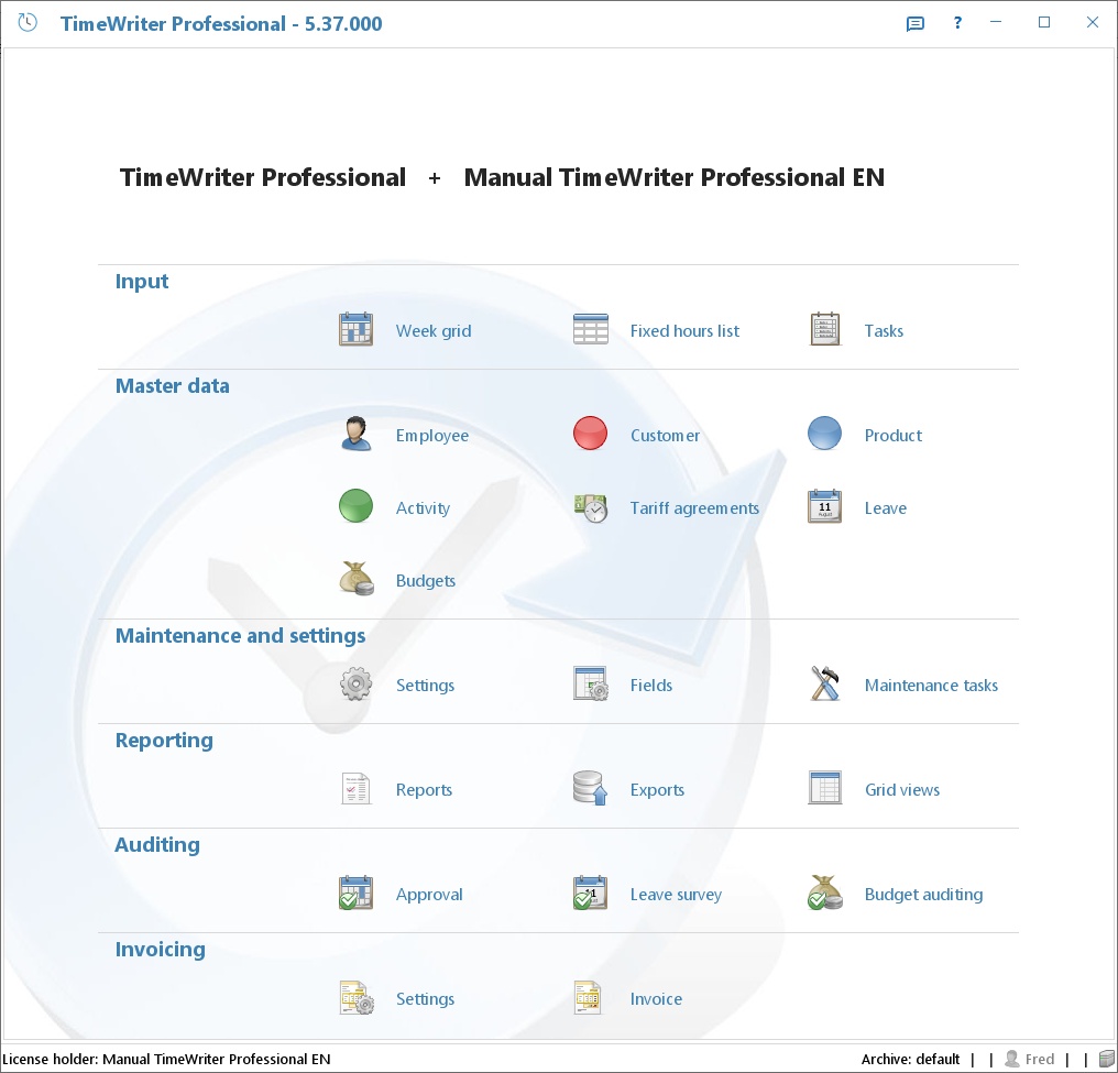 The TimeWriter Freeware Module explorer with Input, Master data, Maintenance and settings, and Reporting