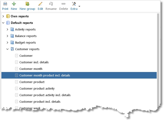 The Reports module with report groups and standard reports