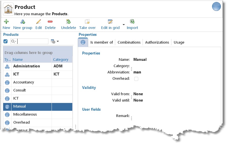 Master data Product: the list of products and the properties of the selected product