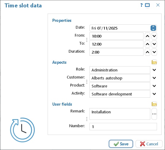 The Time slot details window with date, times, customer, product, activities and quantity
