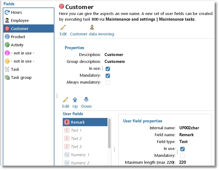 Settings of the aspect Customer under Fields