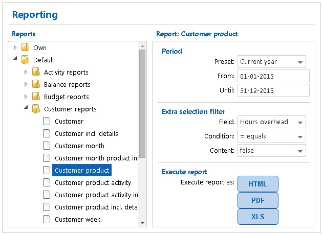 Reporting in the web client with report groups, period and output buttons