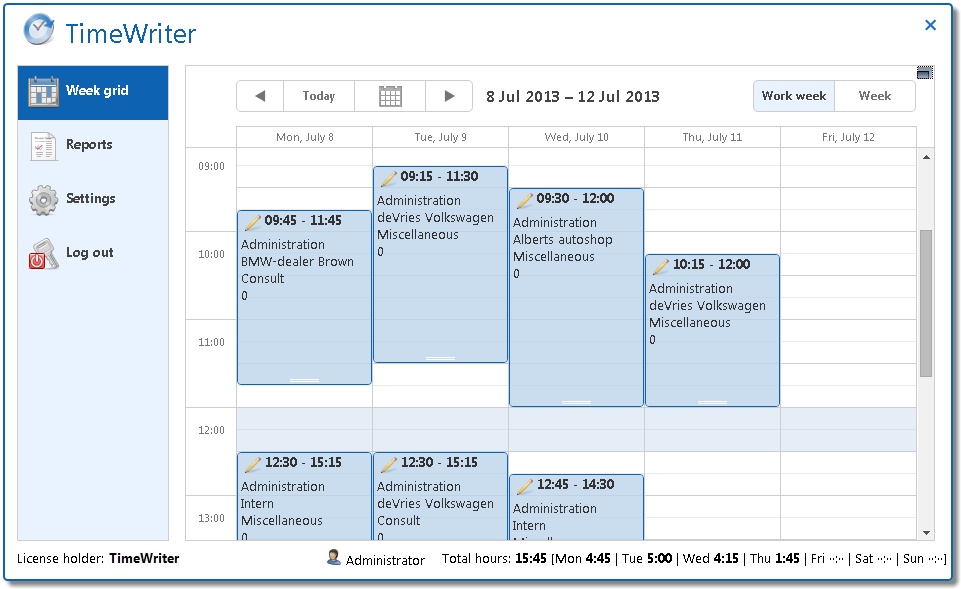 The week grid in the web client