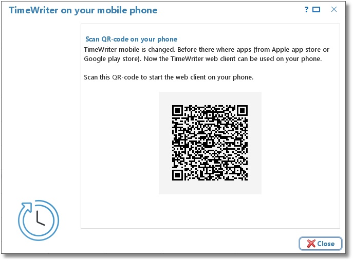 The TimeWriter on mobile phone window with a QR code