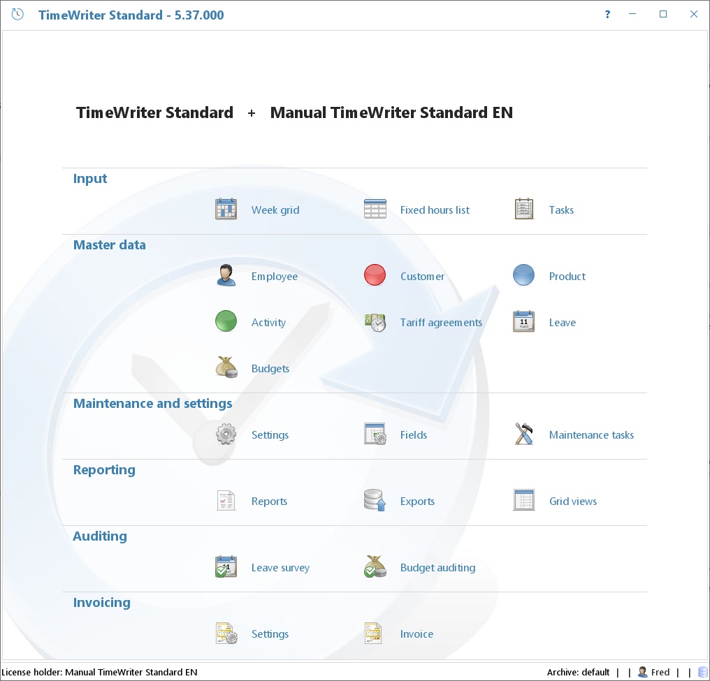 The TimeWriter Freeware Module explorer with Input, Master data, Maintenance and settings, and Reporting