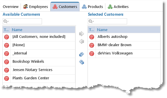 Customer tab of tariff agreement Garages with available and linked customers