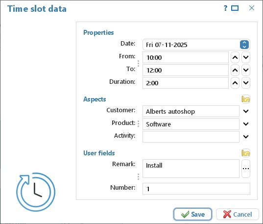 The Time slot details window with date, times, customer, product, activities and quantity