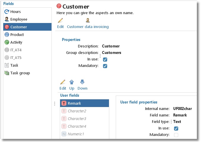 Settings of the aspect Customer under Fields