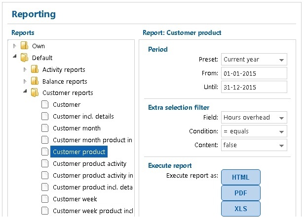 Reporting in the web client with report groups, period and output buttons