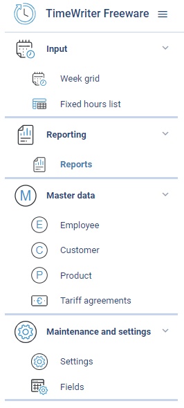 The TimeWriter Freeware Module explorer with Input, Master data, Maintenance and settings, and Reporting
