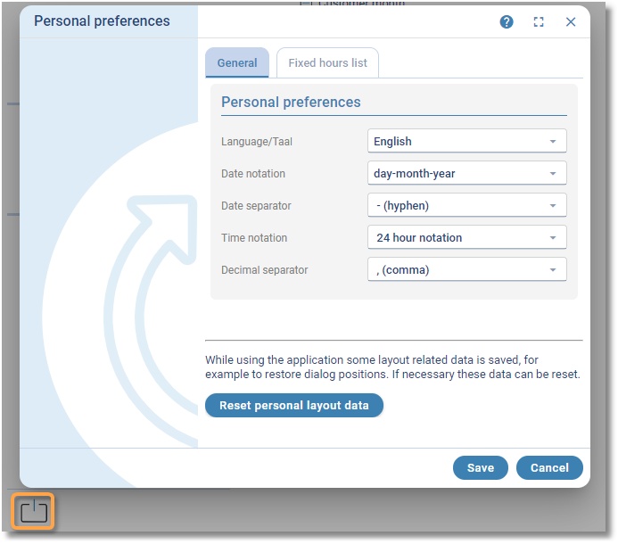 The Personal settings window