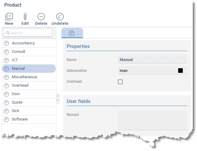 Master data Product: the list of products and the properties of the selected product