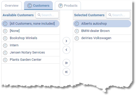 Customer tab of tariff agreement Garages with available and linked customers