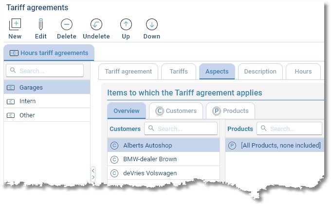 Tariff agreement Garages with the linked customers
