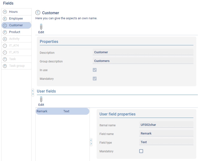 Settings of the aspect Customer under Fields
