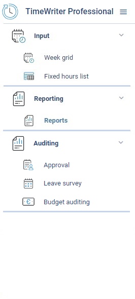 The TimeWriter Freeware Module explorer with Input, Master data, Maintenance and settings, and Reporting