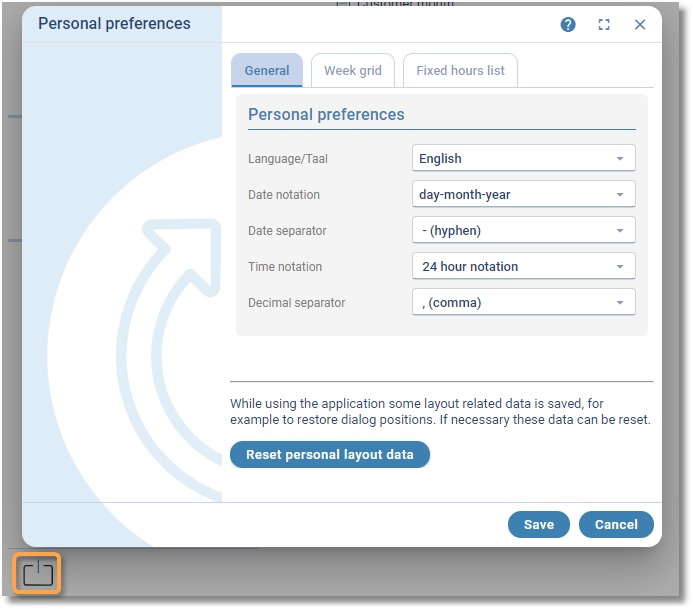 The Personal settings window