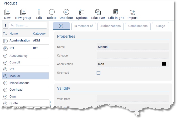 Master data Product: the list of products and the properties of the selected product