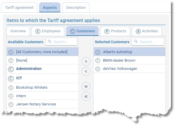 Customer tab of tariff agreement Garages with available and linked customers