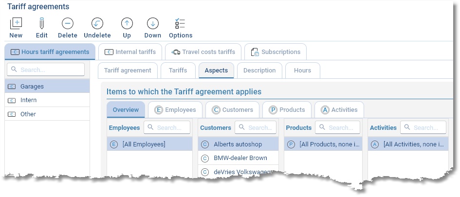Tariff agreement Garages with the linked customers