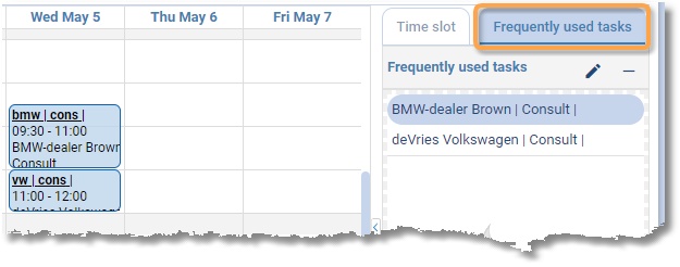 The Frequently used tasks tab next to the week grid