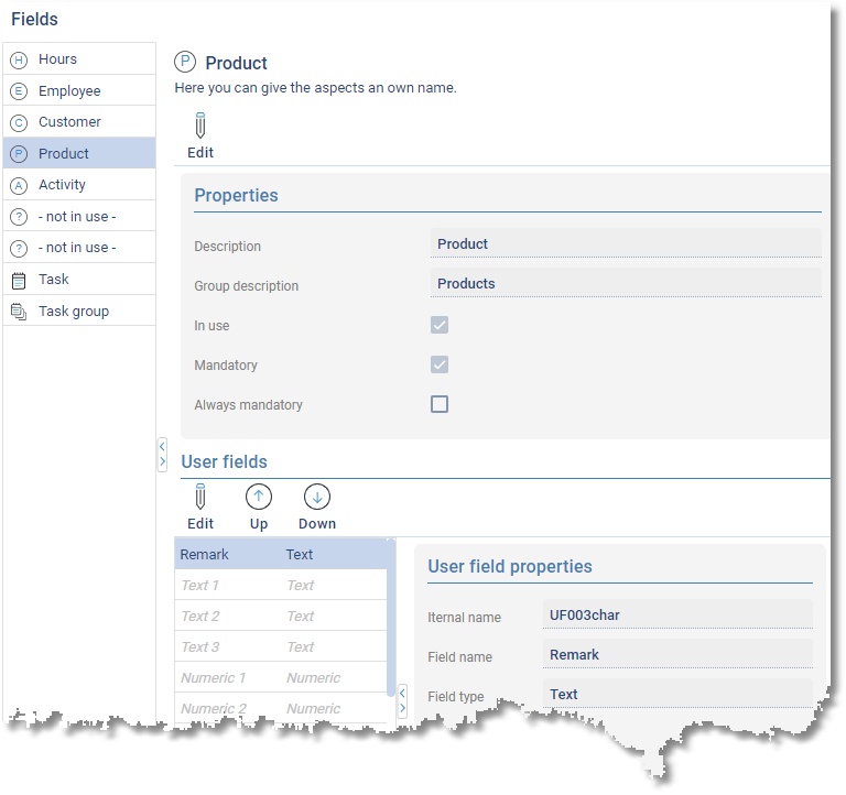 Settings of the aspect Customer under Fields