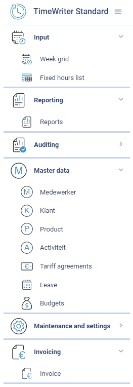 The TimeWriter Freeware Module explorer with Input, Master data, Maintenance and settings, and Reporting