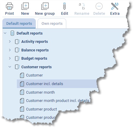 The Reports module with report groups and standard reports