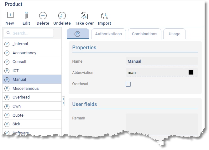 Master data Product: the list of products and the properties of the selected product