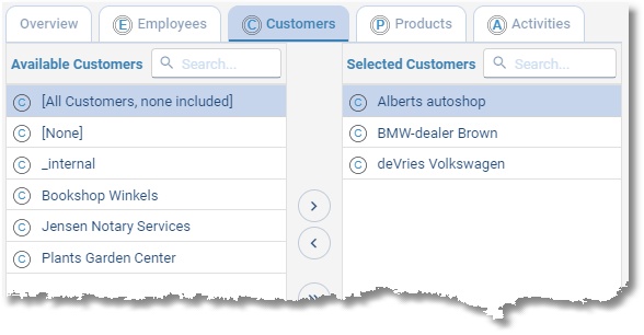 Customer tab of tariff agreement Garages with available and linked customers