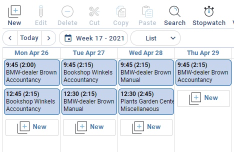 The week list with hour bookings per day